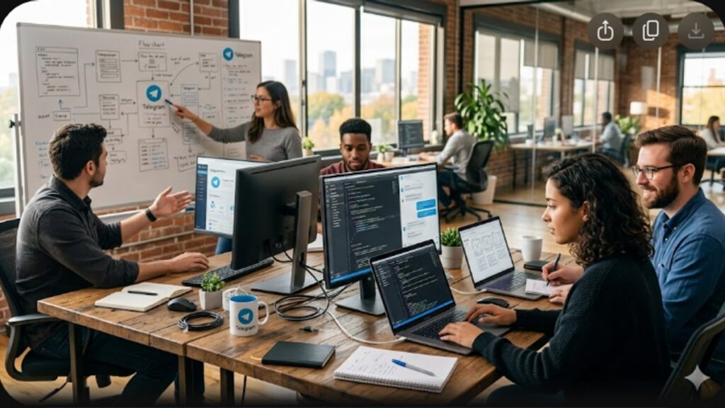 Современное рабочее пространство с ноутбуком и смартфоном для разработки бизнес-ботов в Телеграм
