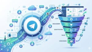 Иллюстрация процесса интеграции телеграм-бота с CRM-системой для автоматизации воронки продаж в бизнесе