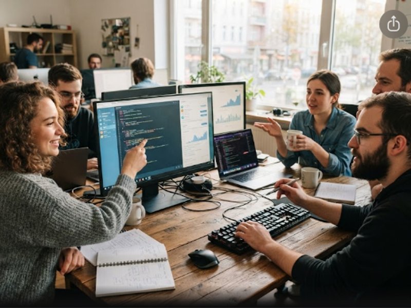 Команда разработчиков Телеграфус Ботс обсуждает проект в современном офисе при естественном освещении